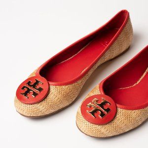 Tory Burch Reva Raffia Straw Womens Size 10 Flats Woven with red inner